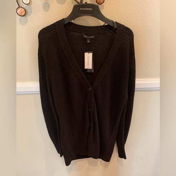 NWT Banana Republic Linen Cardigan Black V-Neck Button Down Size Large - Picture 4 of 4